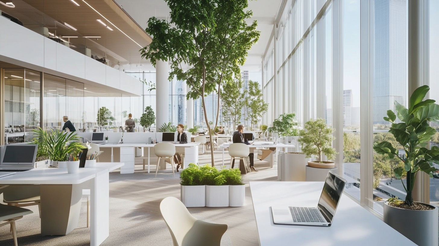 Calm, organized office workspace with natural light and plants representing balanced energy alignment